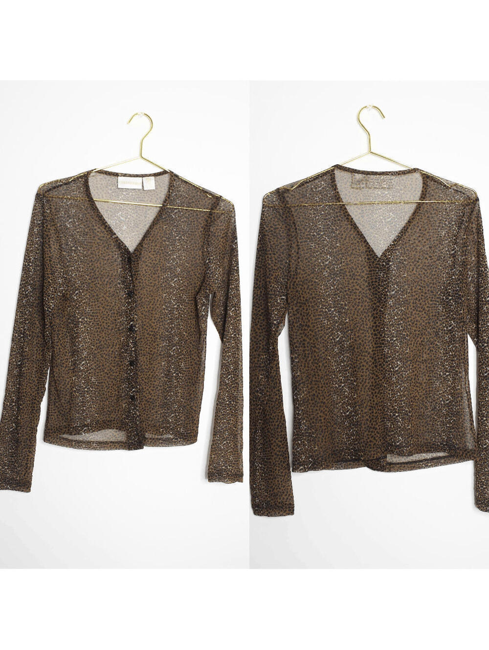 VTG Leopard Print Brown Black Tan Sheer Button Down Blouse - S
